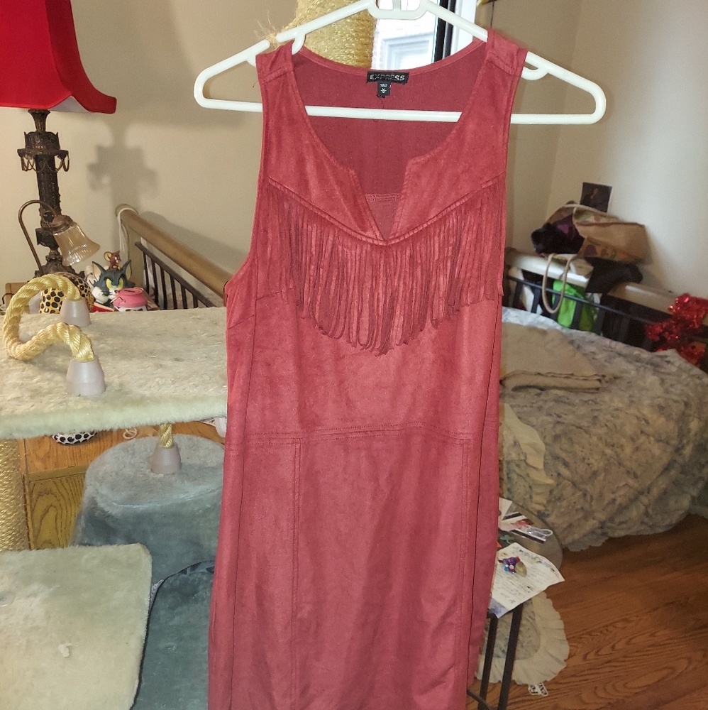 Express Red faux-suede fringe knee-length dress M